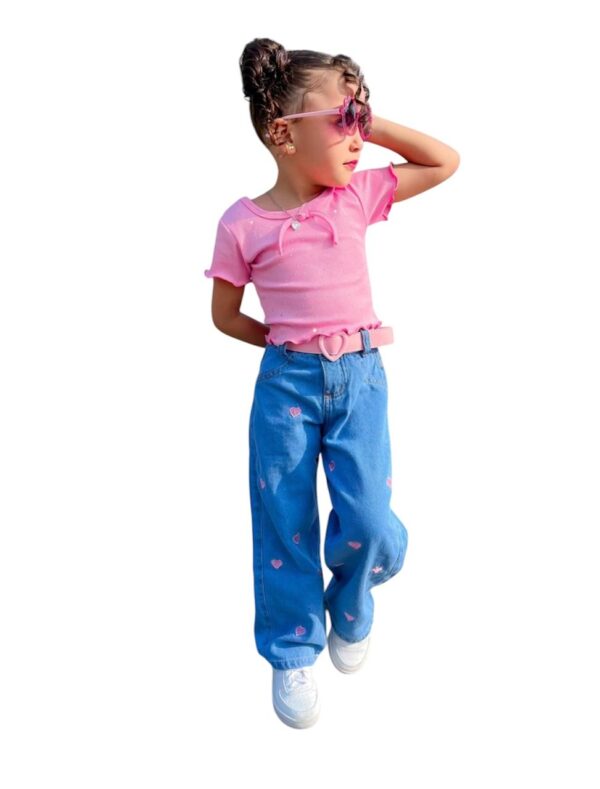 Calça Jeans Infantil Wide Leg Bordado Coração